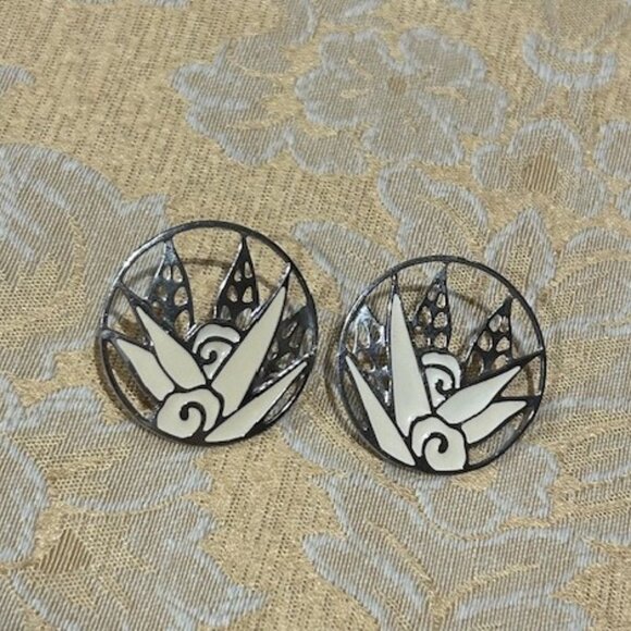 EDGAR BEREBI Cream Enamel Silver Round EARRINGS - Picture 7 of 8